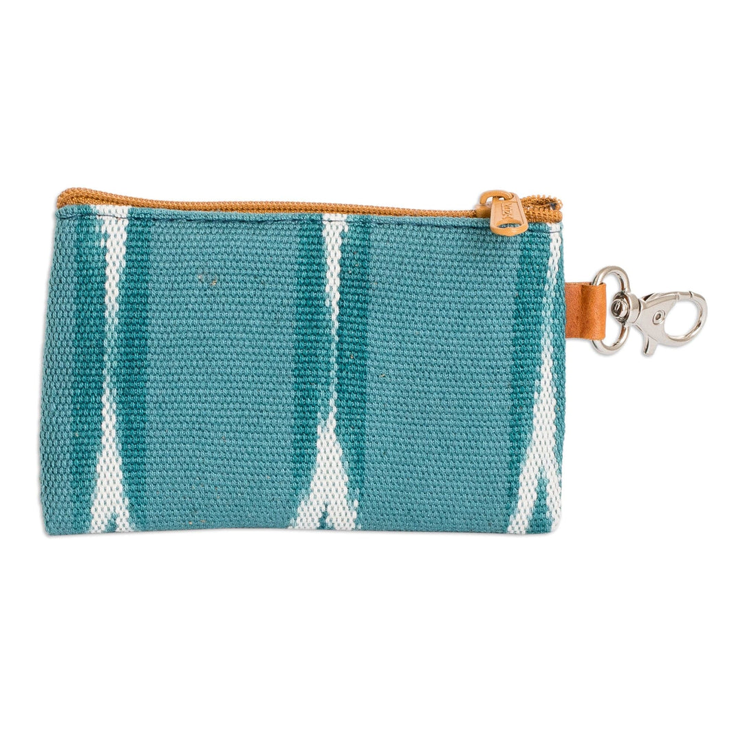 Handwoven Patterned Turquoise Cotton Coin Purse with Zipper - Elegant Waters