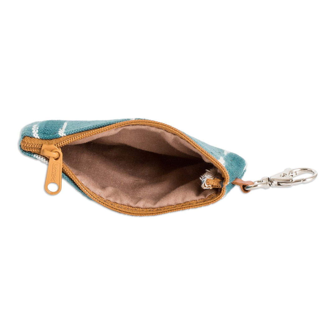 Handwoven Patterned Turquoise Cotton Coin Purse with Zipper - Elegant Waters