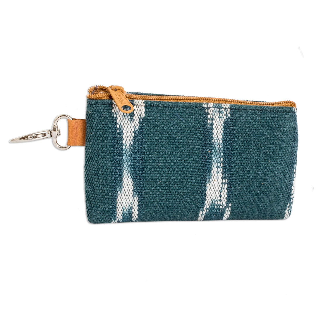 Handwoven Patterned Teal Cotton Coin Purse with Zipper - Calm Waters