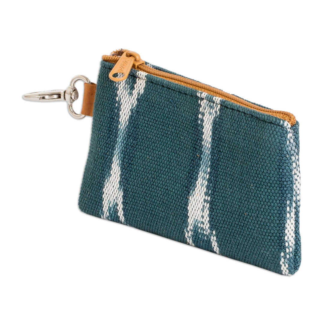 Handwoven Patterned Teal Cotton Coin Purse with Zipper - Calm Waters