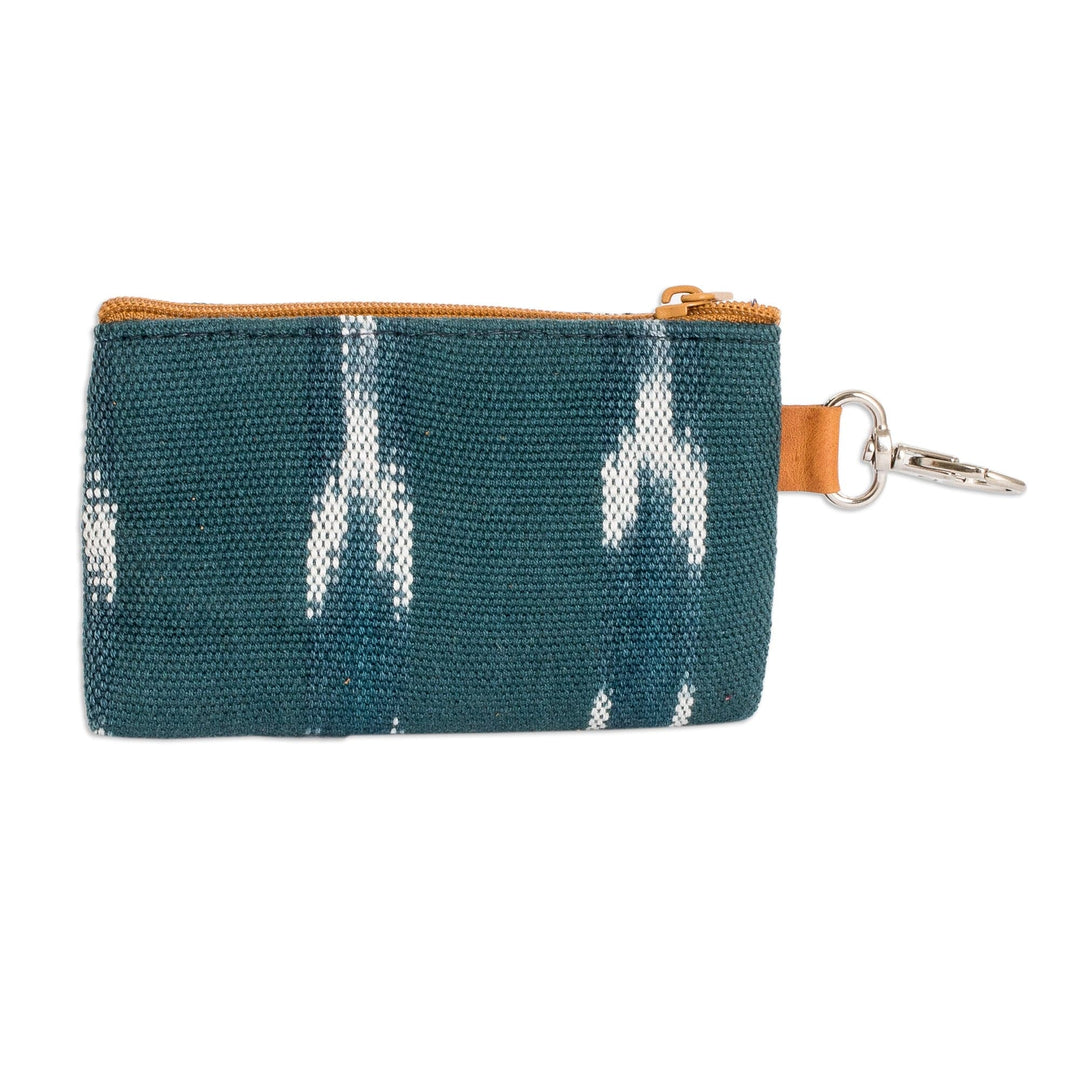 Handwoven Patterned Teal Cotton Coin Purse with Zipper - Calm Waters
