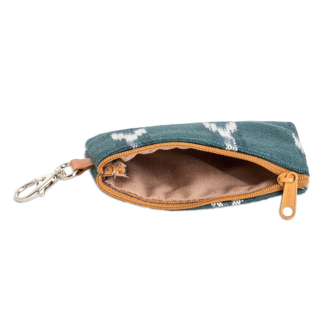 Handwoven Patterned Teal Cotton Coin Purse with Zipper - Calm Waters