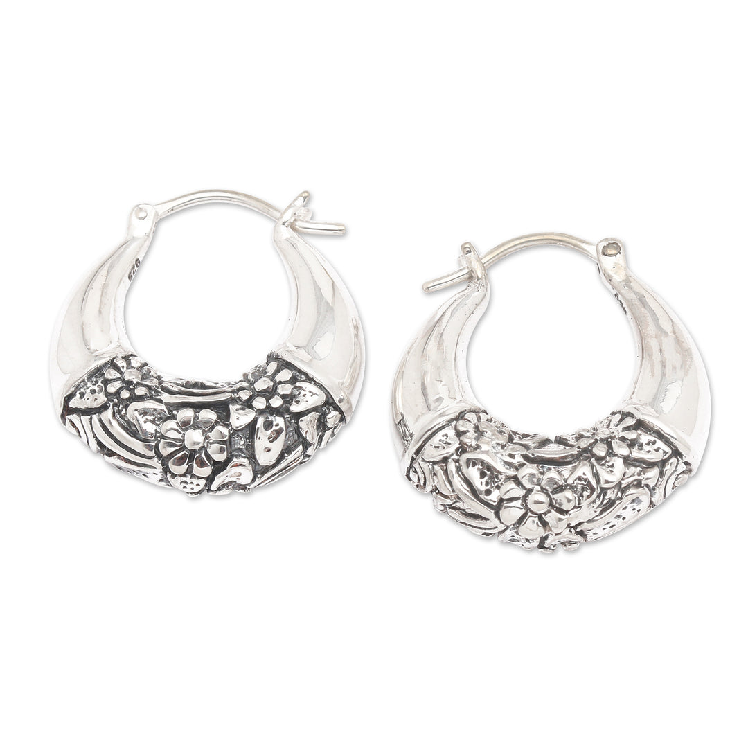 Polished and Oxidized Sterling Silver Floral Hoop Earrings - Floral Bridge