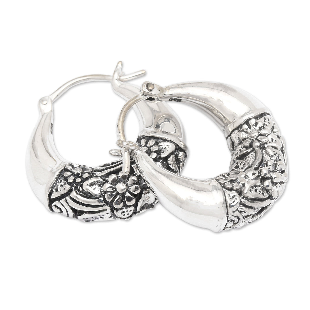 Polished and Oxidized Sterling Silver Floral Hoop Earrings - Floral Bridge