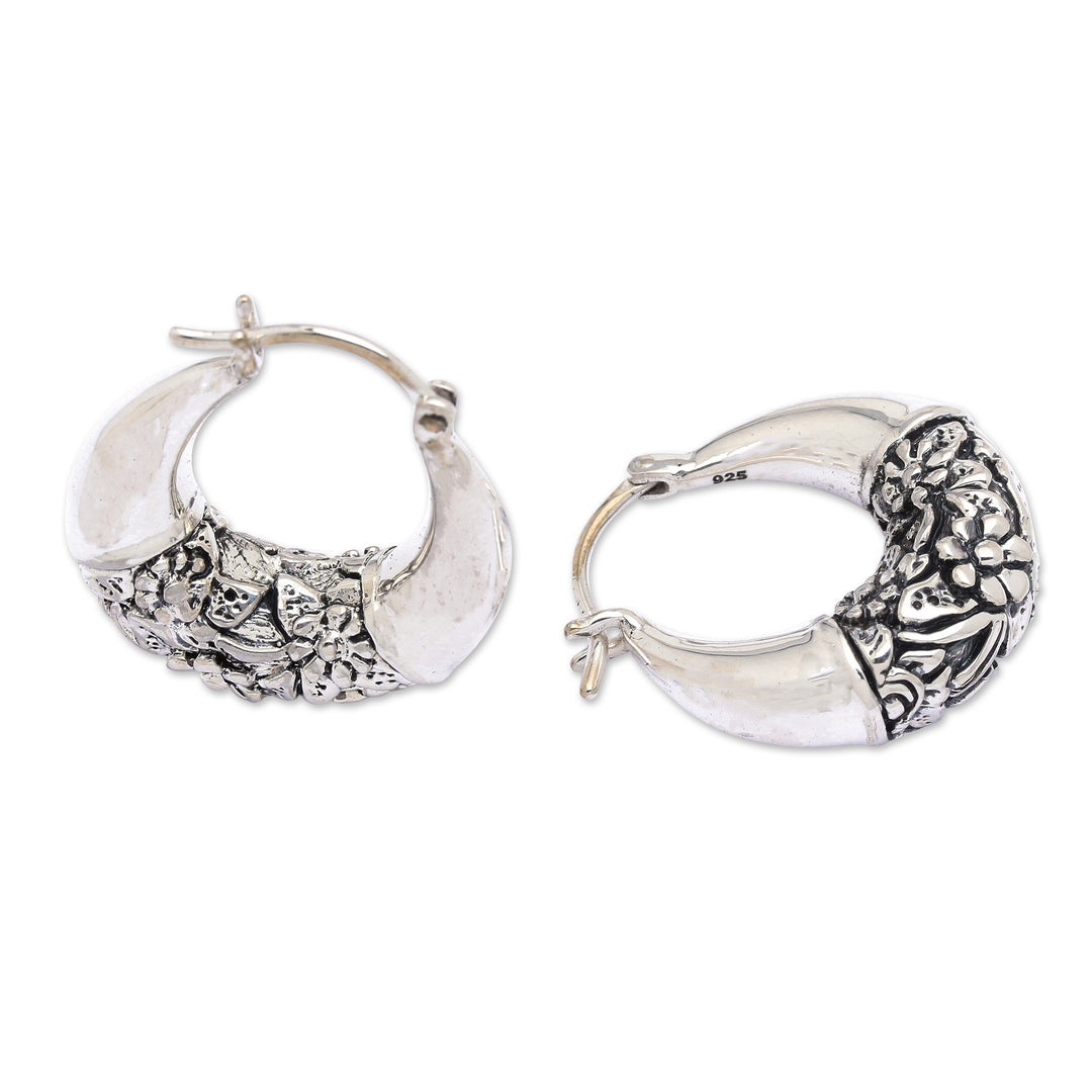 Polished and Oxidized Sterling Silver Floral Hoop Earrings - Floral Bridge