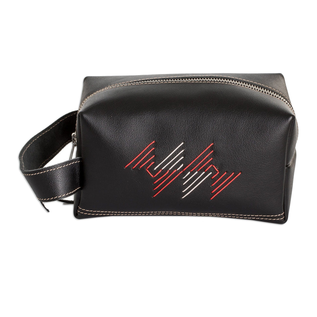Handcrafted Leather Cosmetic Bag in Black Red and Grey - Urban Elegance
