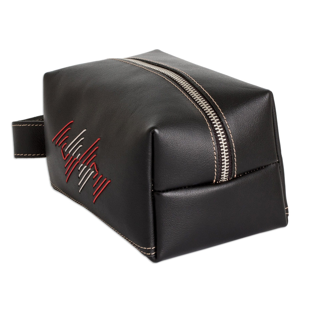 Handcrafted Leather Cosmetic Bag in Black Red and Grey - Urban Elegance