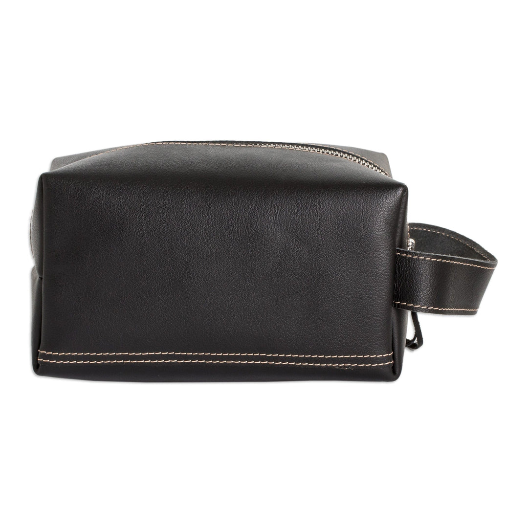 Handcrafted Leather Cosmetic Bag in Black Red and Grey - Urban Elegance