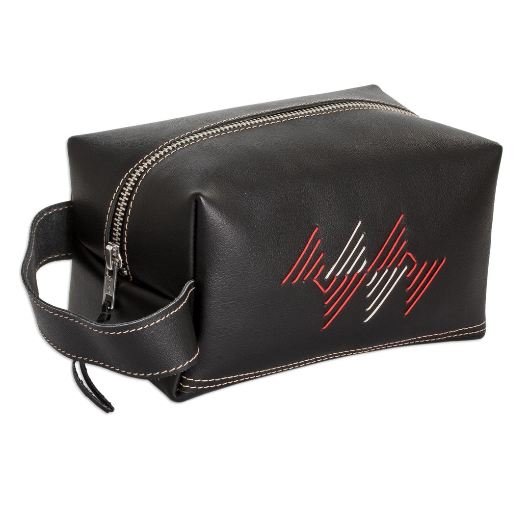 Handcrafted Leather Cosmetic Bag in Black Red and Grey - Urban Elegance