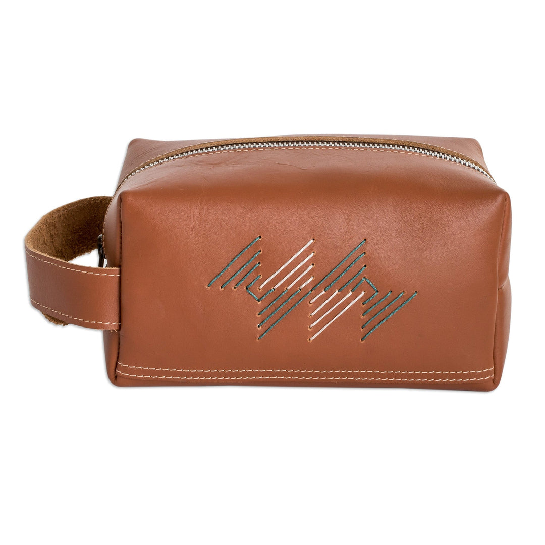 Handcrafted 100% Leather Cosmetic Bag in Brown Teal and Grey - Free Spirit