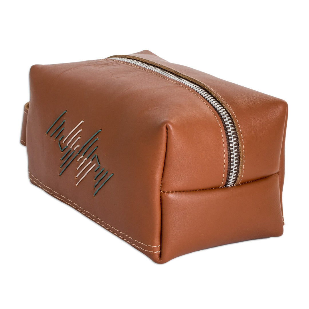 Handcrafted 100% Leather Cosmetic Bag in Brown Teal and Grey - Free Spirit