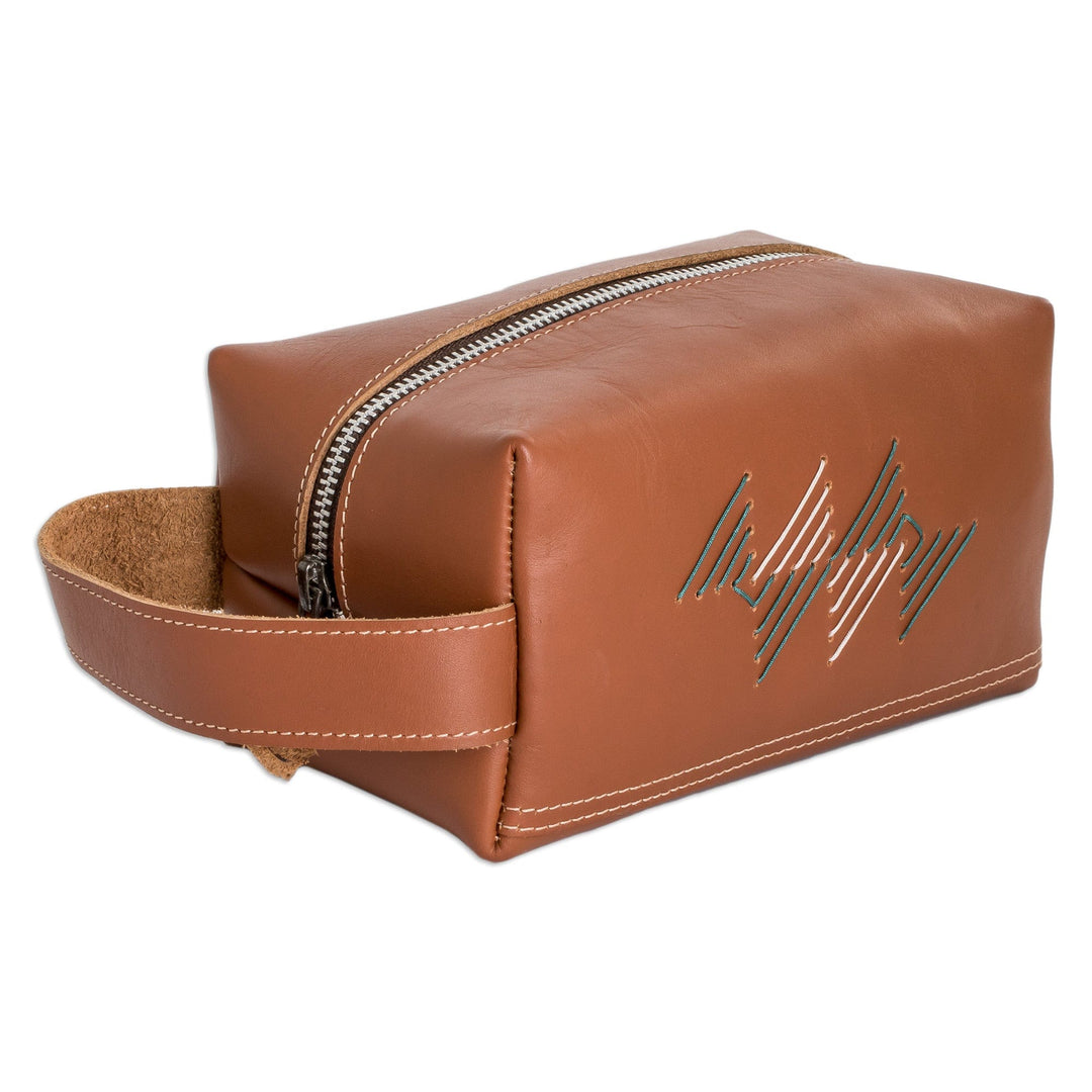 Handcrafted 100% Leather Cosmetic Bag in Brown Teal and Grey - Free Spirit