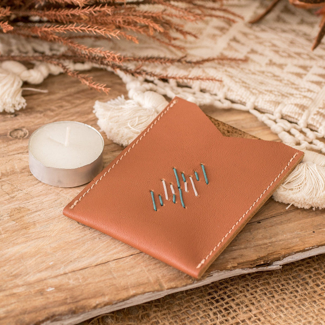Handcrafted 100% Leather Card Holder in Brown Teal and Grey - Free Spirit
