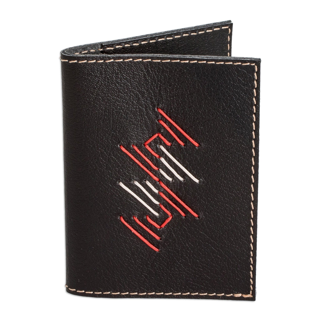 Handcrafted Bifold Leather Card Holder in Black Red and Grey - Bifold Urban Elegance
