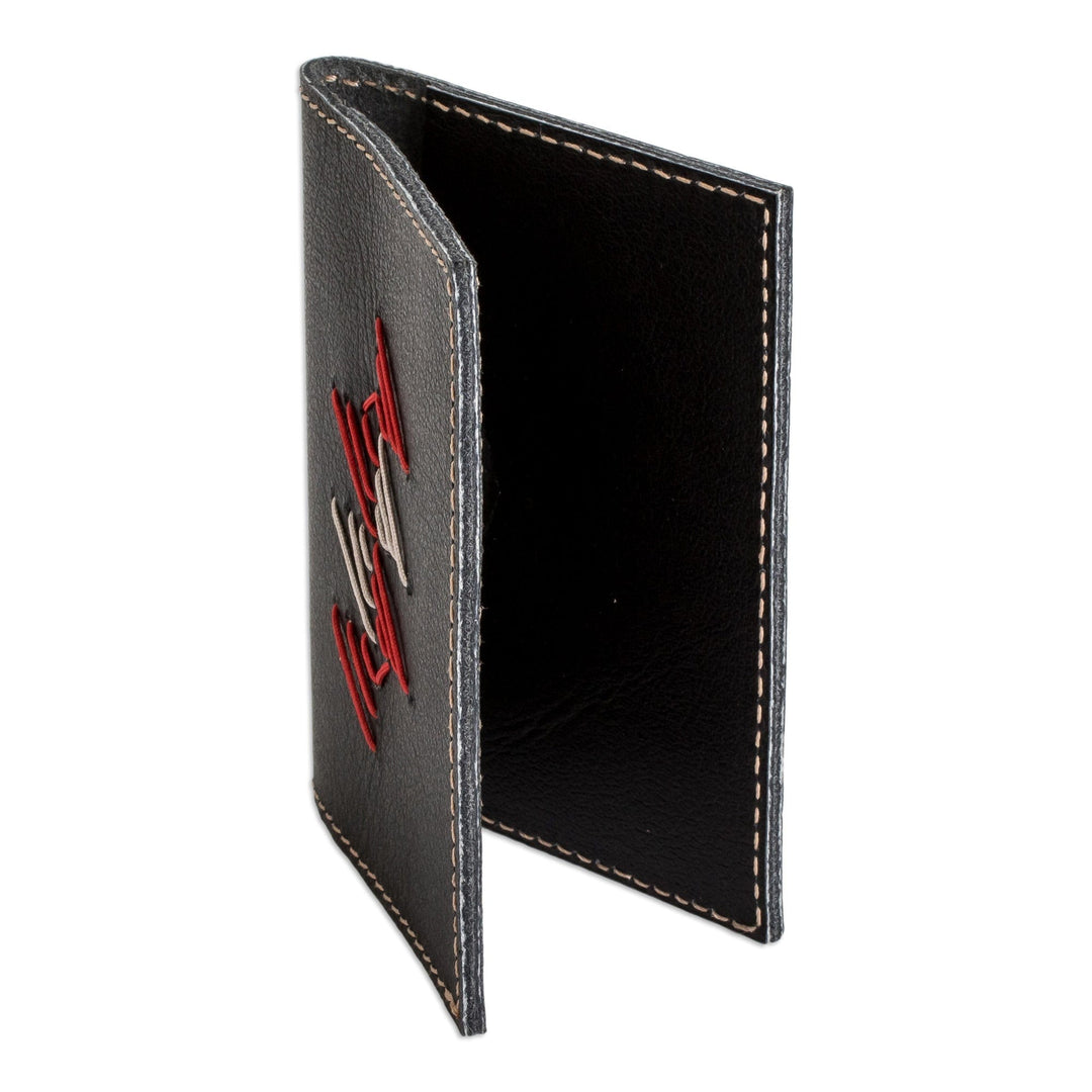 Handcrafted Bifold Leather Card Holder in Black Red and Grey - Bifold Urban Elegance
