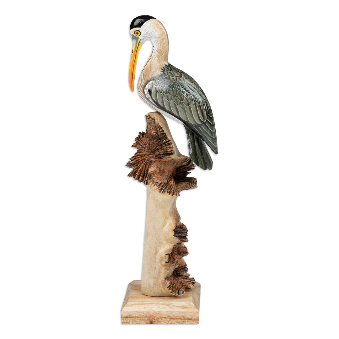 Hand-Painted Nature-Themed Wood Sculpture of a Crane - Crane Scene