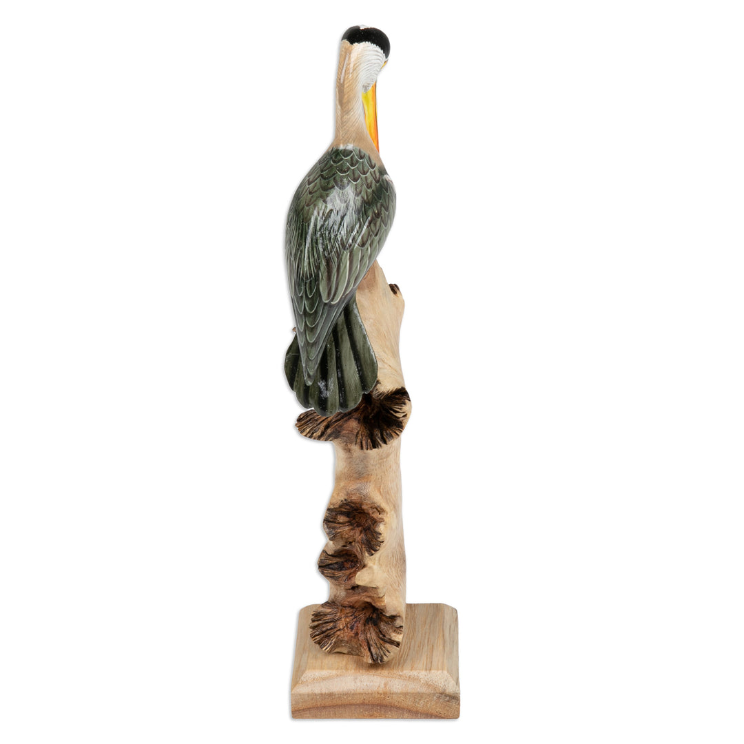 Hand-Painted Nature-Themed Wood Sculpture of a Crane - Crane Scene