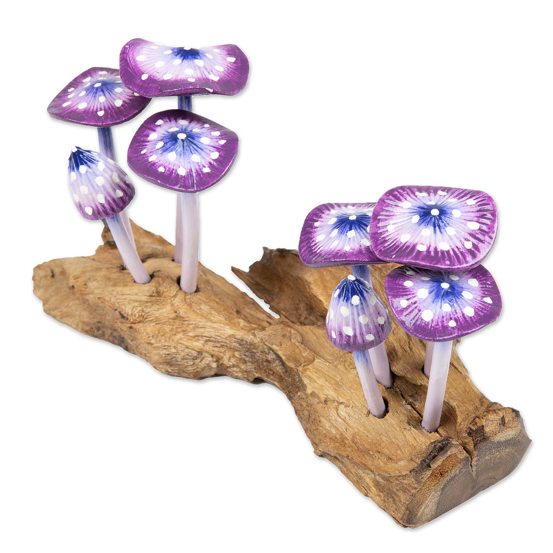 Handcrafted Nature-Themed Purple Mushroom Wood Sculpture - Purple Tropic