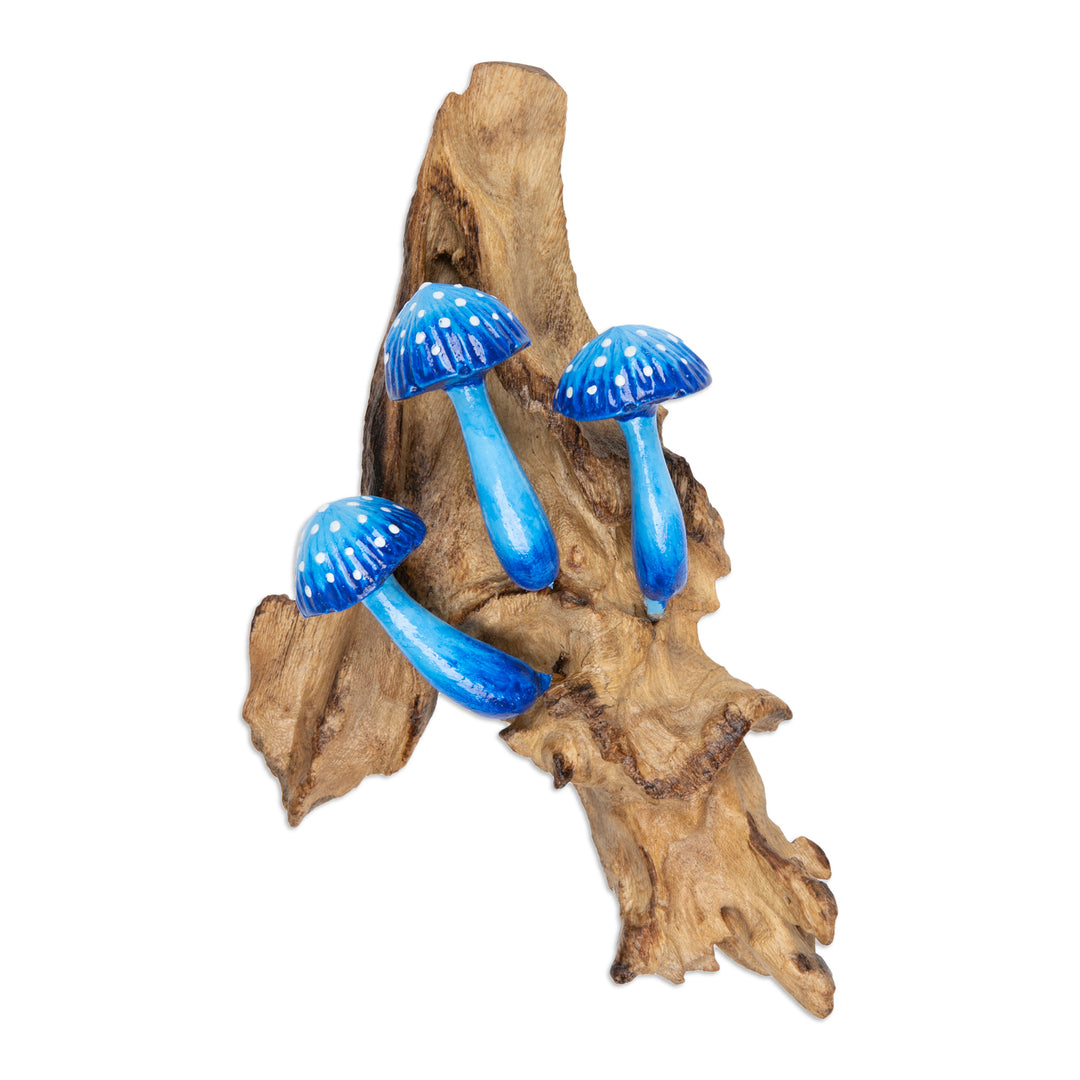 Hand-Painted Blue Mushroom-Themed Wood Wall Art - Enchanted Mushroom