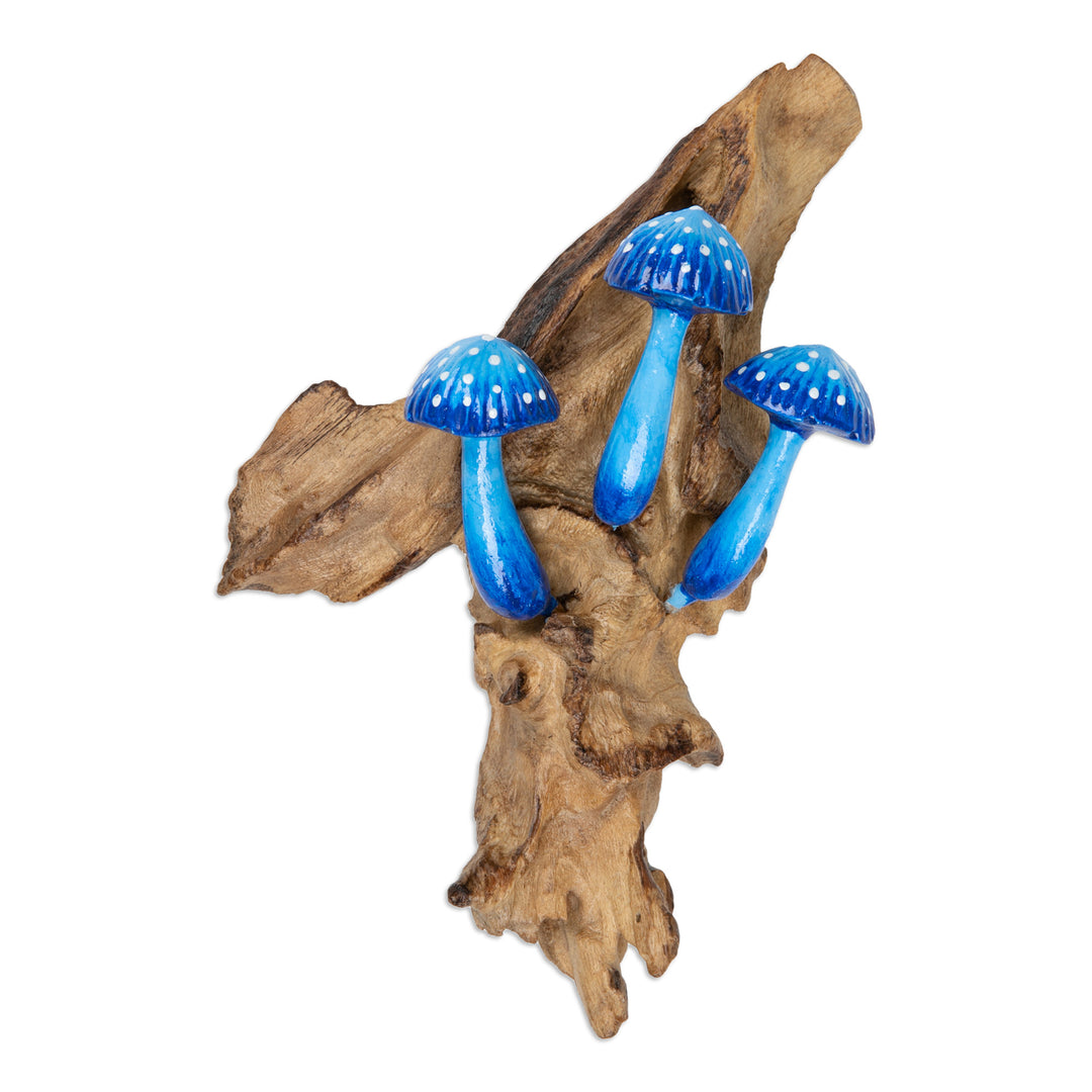 Hand-Painted Blue Mushroom-Themed Wood Wall Art - Enchanted Mushroom