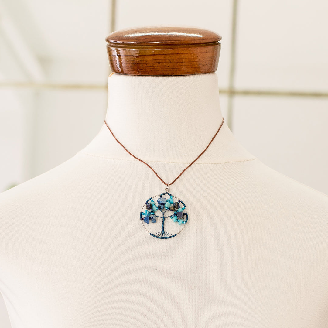 Tree-Themed Round Blue Jasper and Quartz Pendant Necklace - Blue Jasper World
