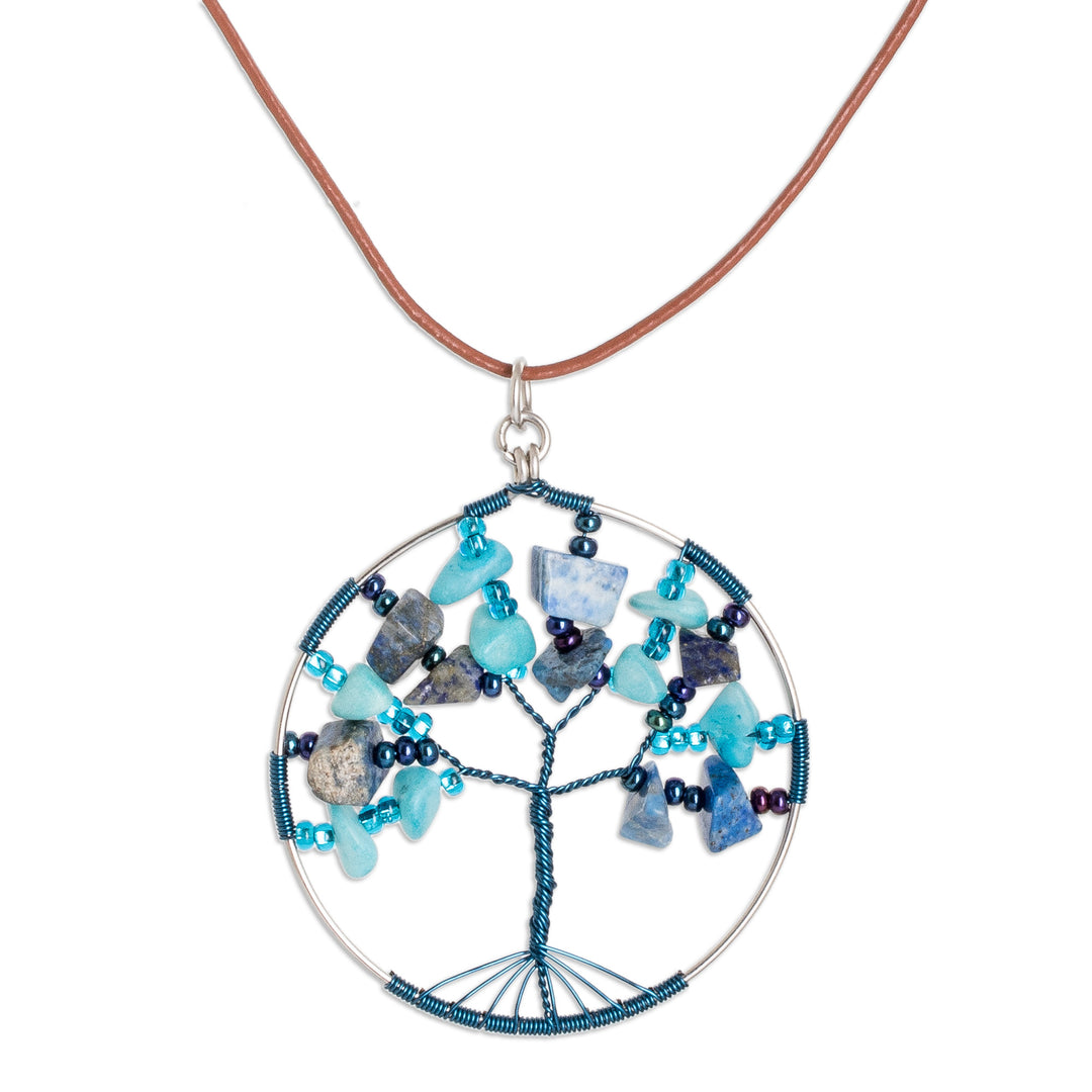 Tree-Themed Round Blue Jasper and Quartz Pendant Necklace - Blue Jasper World