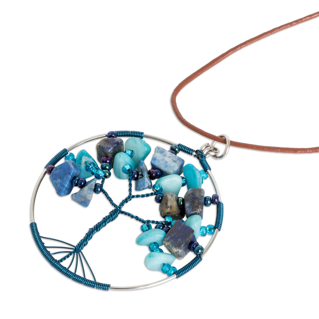 Tree-Themed Round Blue Jasper and Quartz Pendant Necklace - Blue Jasper World