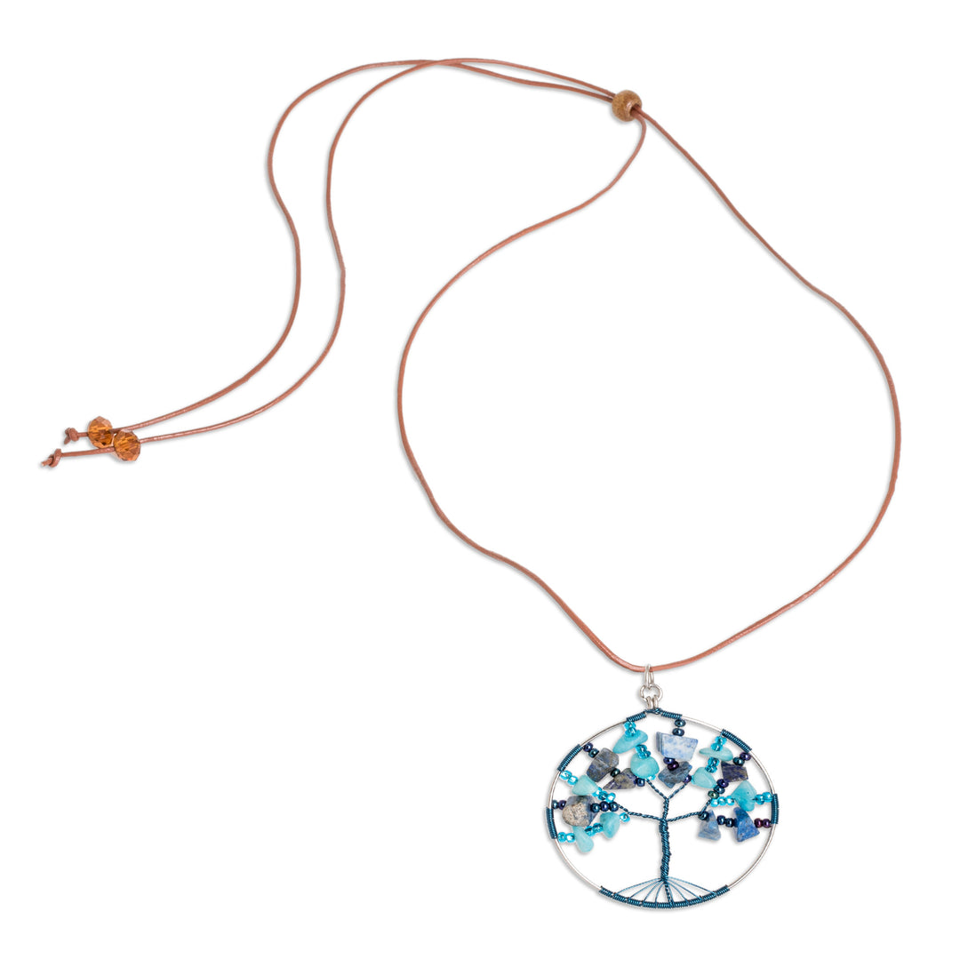 Tree-Themed Round Blue Jasper and Quartz Pendant Necklace - Blue Jasper World