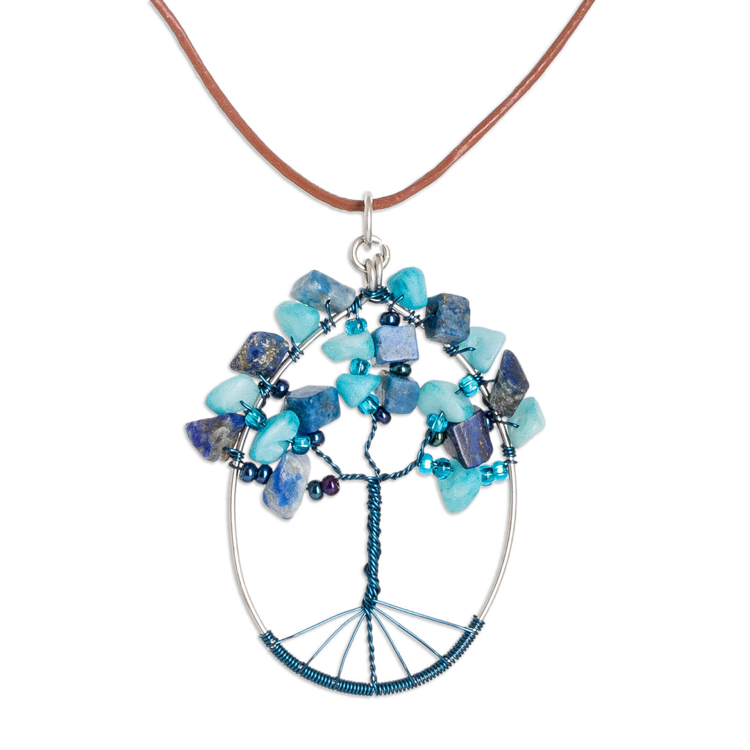 Tree-Themed Oval Blue Jasper and Quartz Pendant Necklace - Forest in Blue
