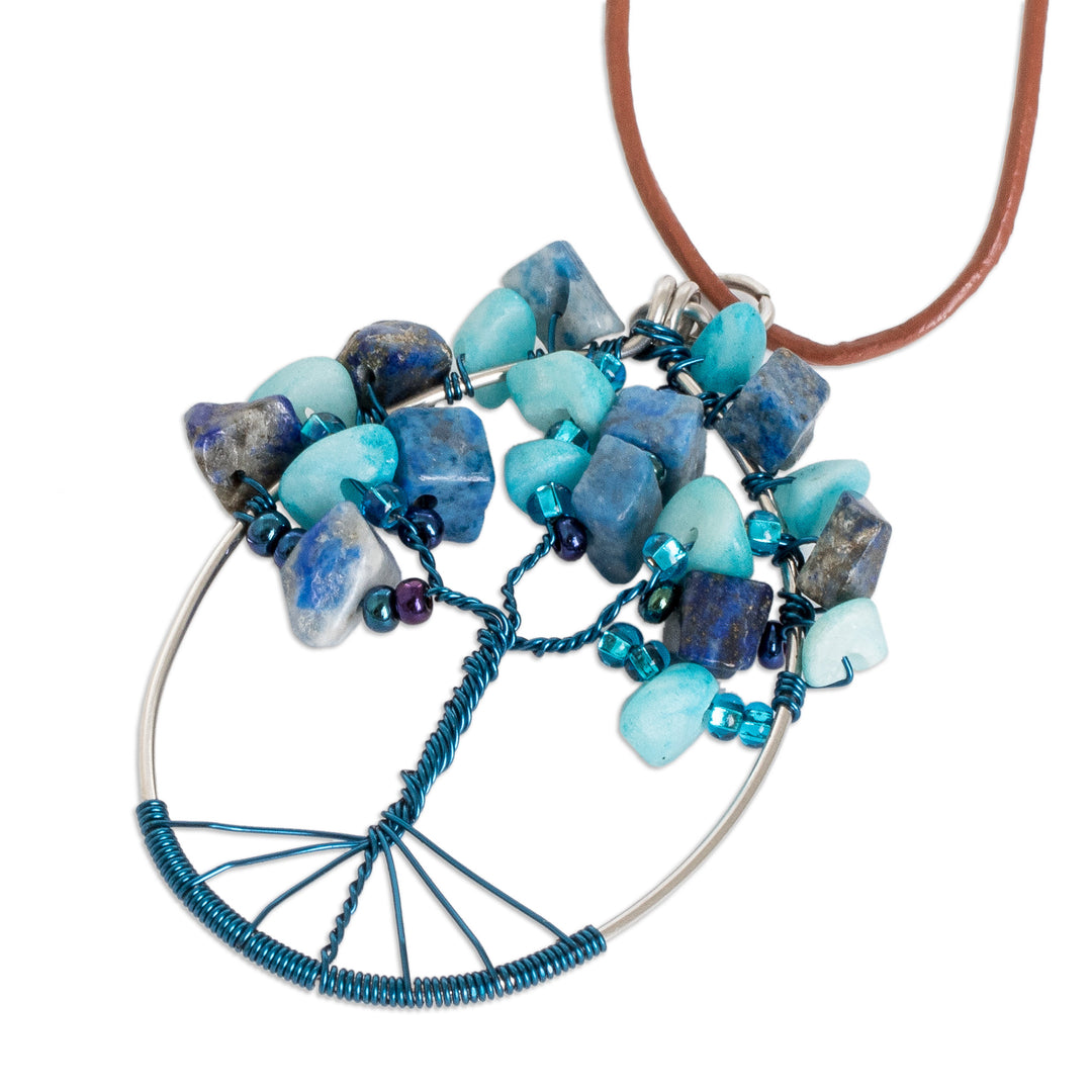 Tree-Themed Oval Blue Jasper and Quartz Pendant Necklace - Forest in Blue