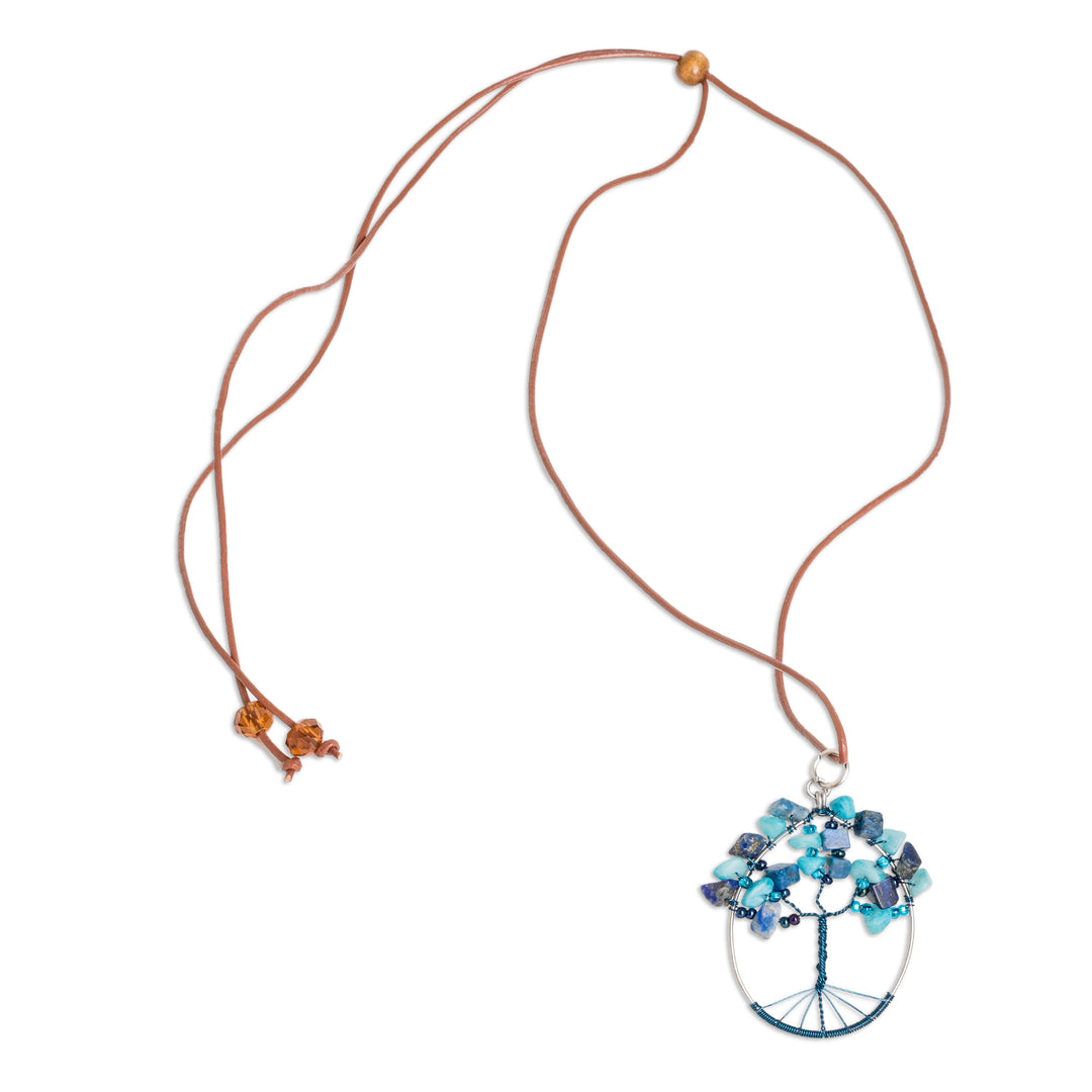 Tree-Themed Oval Blue Jasper and Quartz Pendant Necklace - Forest in Blue