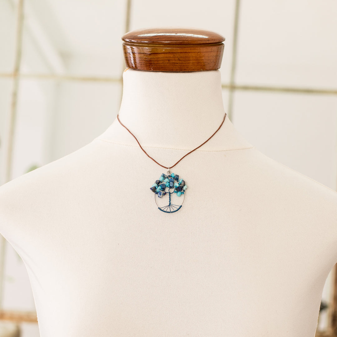 Tree-Themed Oval Blue Jasper and Quartz Pendant Necklace - Forest in Blue