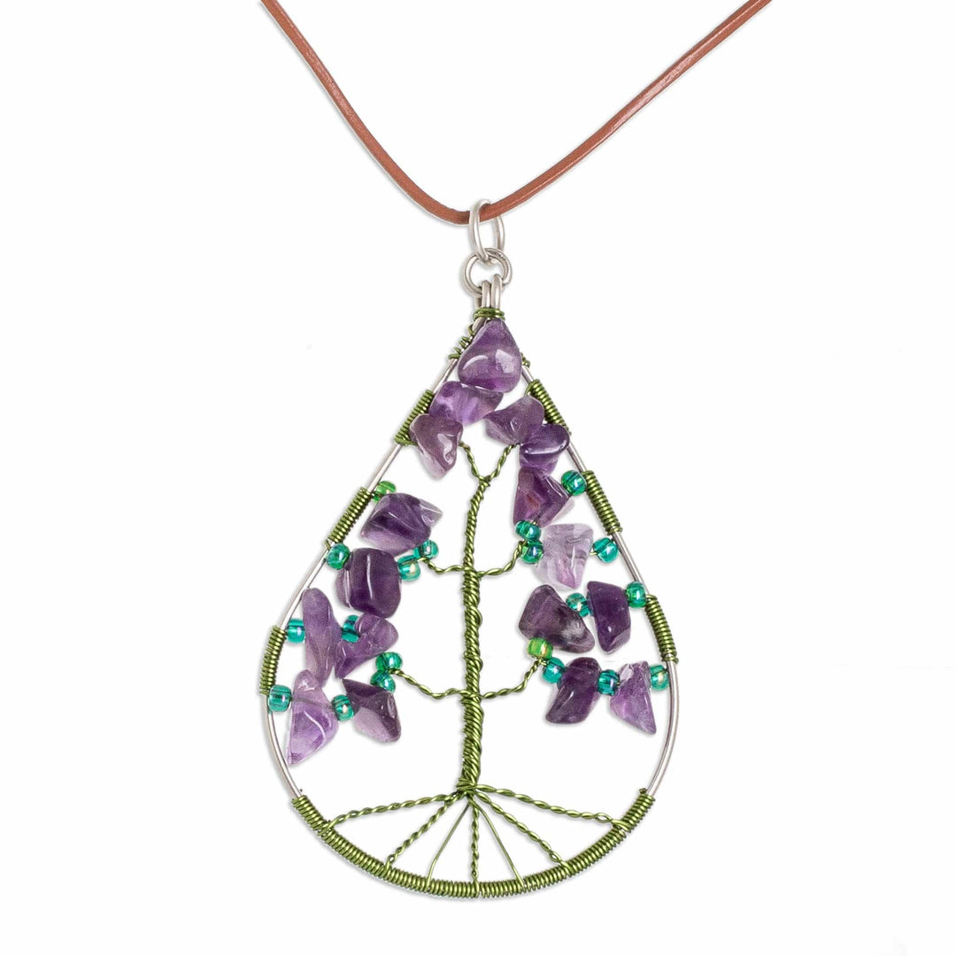 Drop-Shaped Green Natural Amethyst Tree Pendant Necklace - Drop of Life in Purple