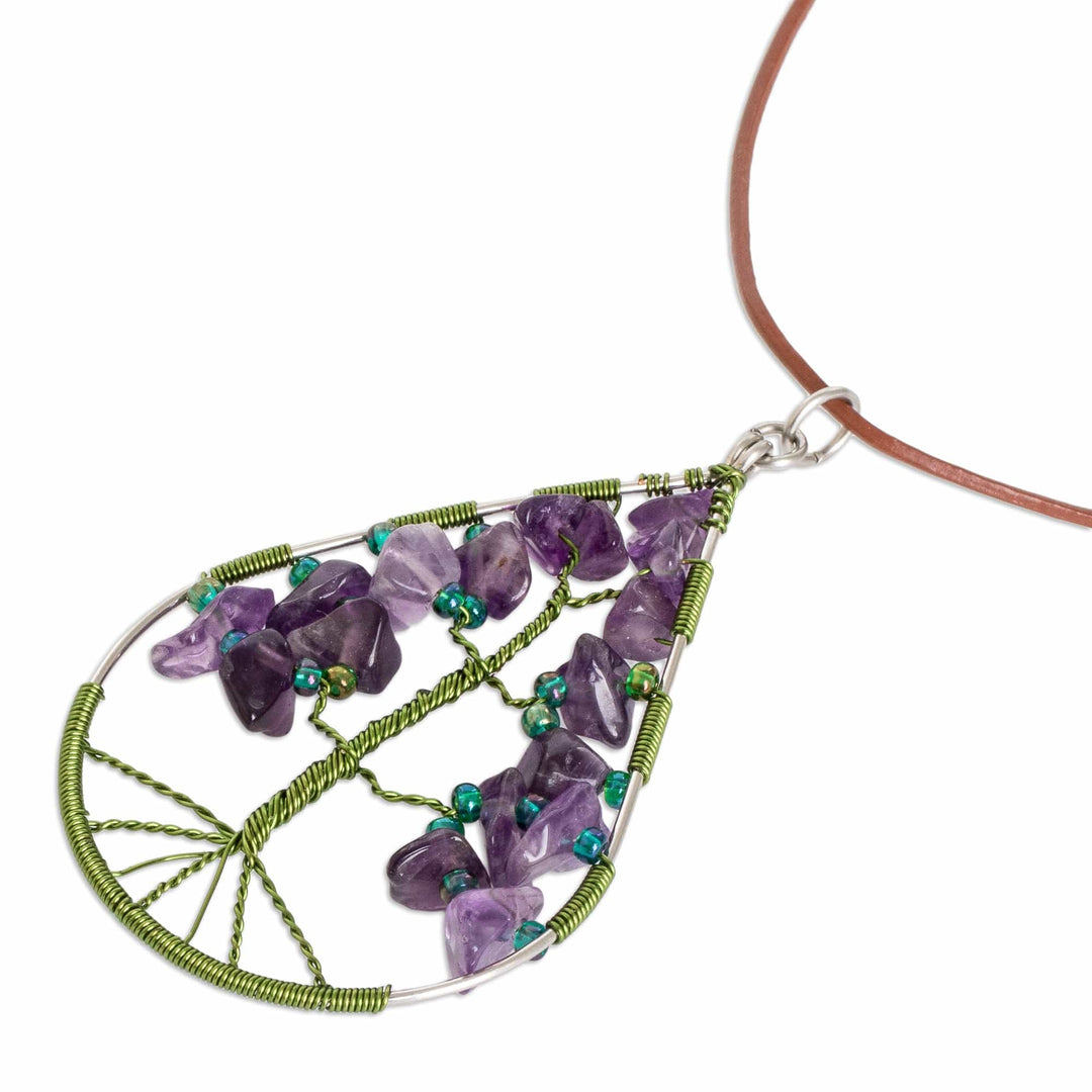 Drop-Shaped Green Natural Amethyst Tree Pendant Necklace - Drop of Life in Purple