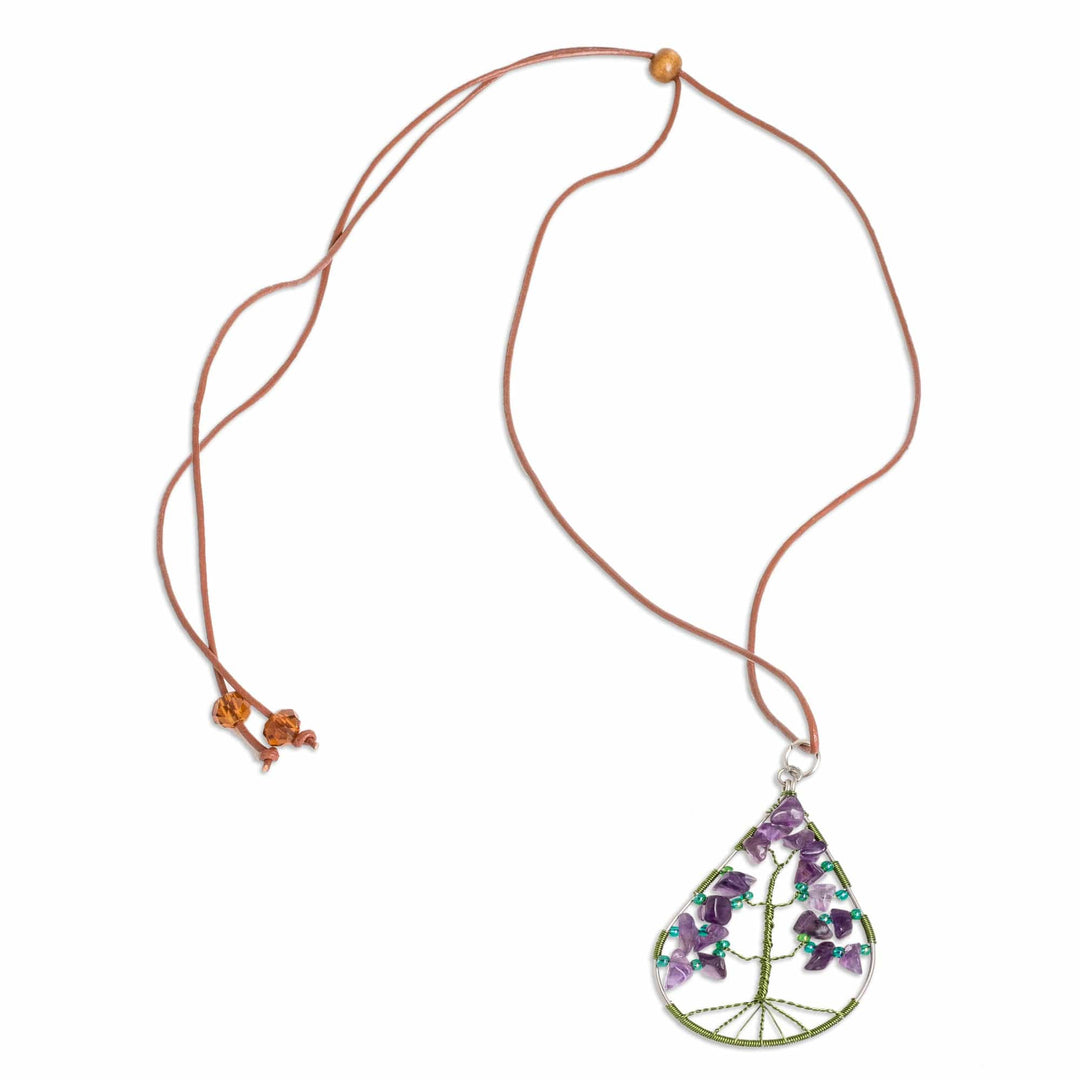 Drop-Shaped Green Natural Amethyst Tree Pendant Necklace - Drop of Life in Purple