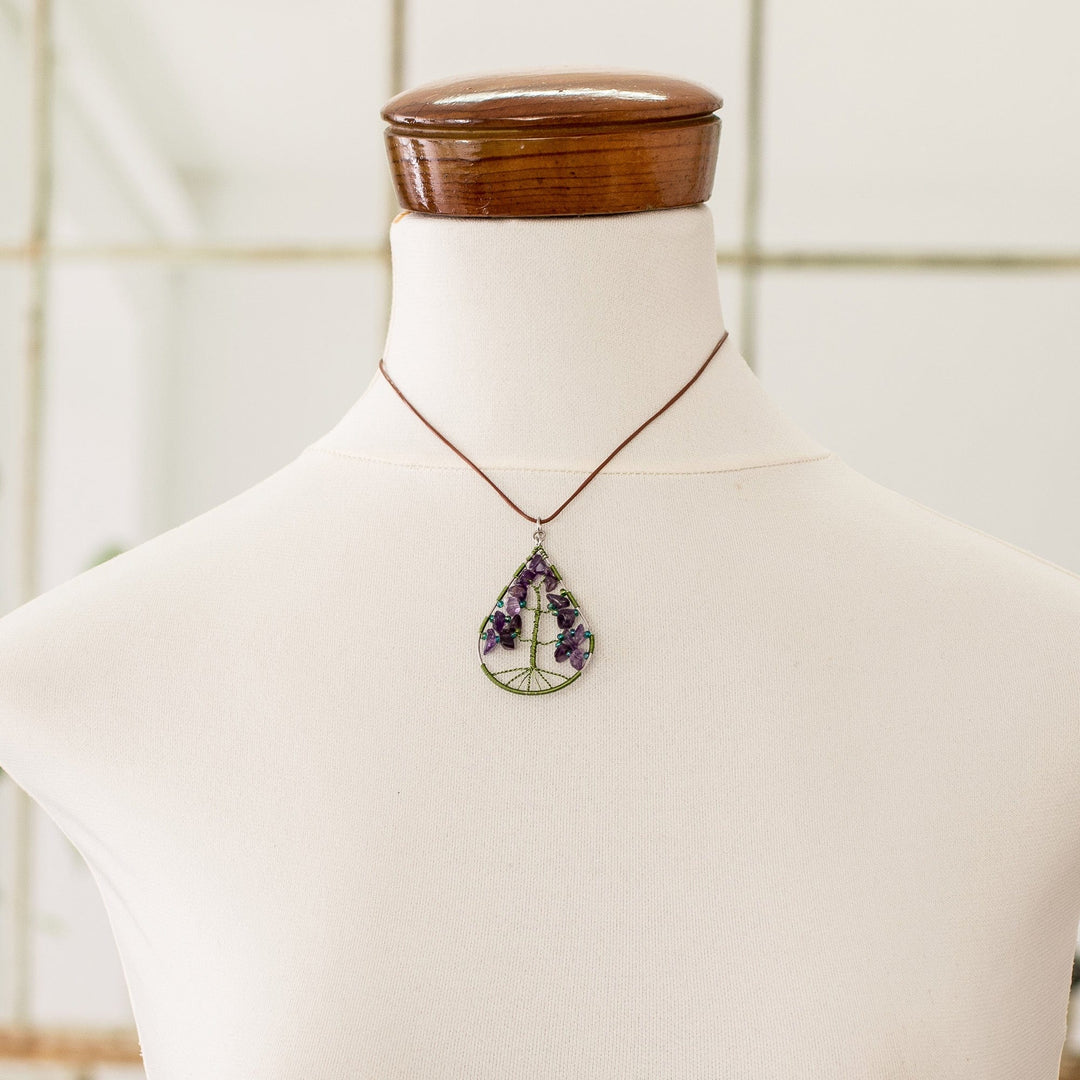 Drop-Shaped Green Natural Amethyst Tree Pendant Necklace - Drop of Life in Purple
