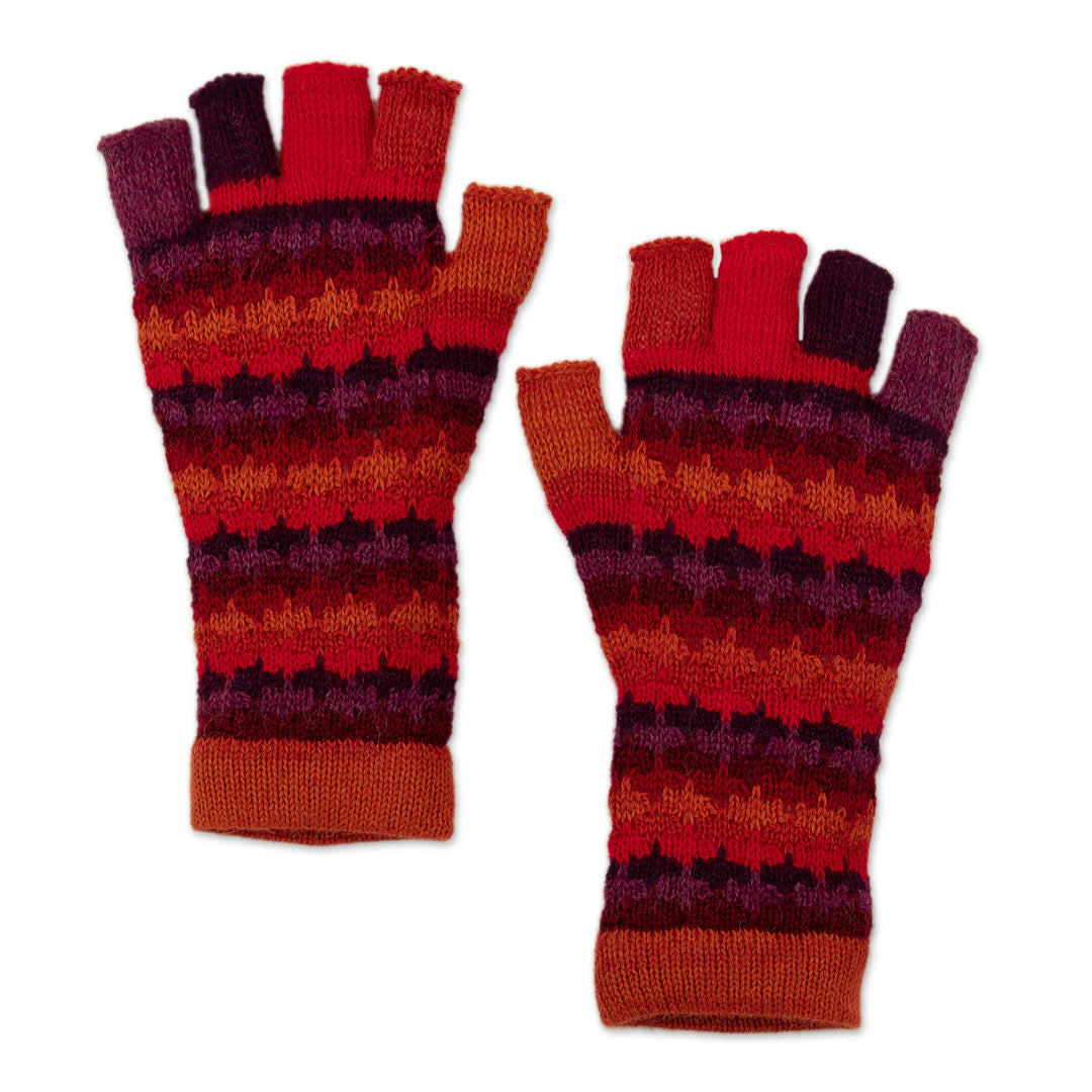 Knit Red Brown and Purple 100% Baby Alpaca Fingerless Gloves - Red Vibes