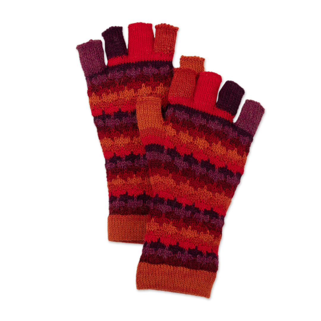 Knit Red Brown and Purple 100% Baby Alpaca Fingerless Gloves - Red Vibes