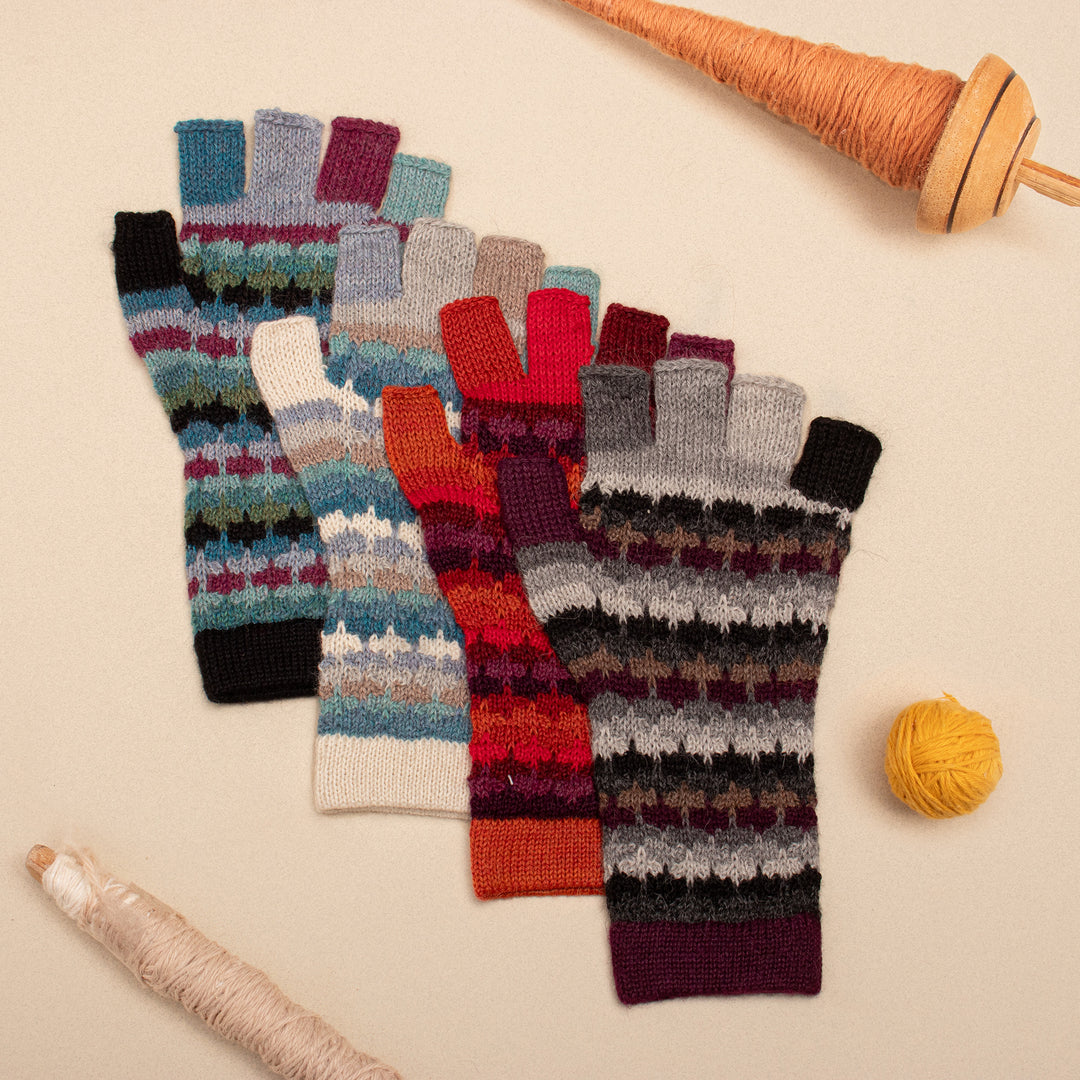 Knit Red Brown and Purple 100% Baby Alpaca Fingerless Gloves - Red Vibes