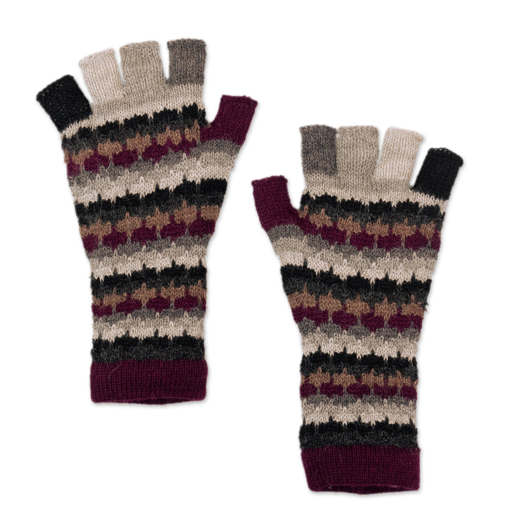 Knit Purple Black Grey 100% Baby Alpaca Fingerless Gloves - Plum Colorful Life