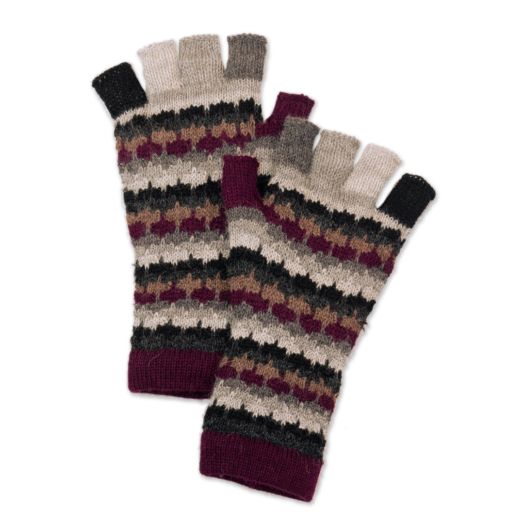 Knit Purple Black Grey 100% Baby Alpaca Fingerless Gloves - Plum Colorful Life