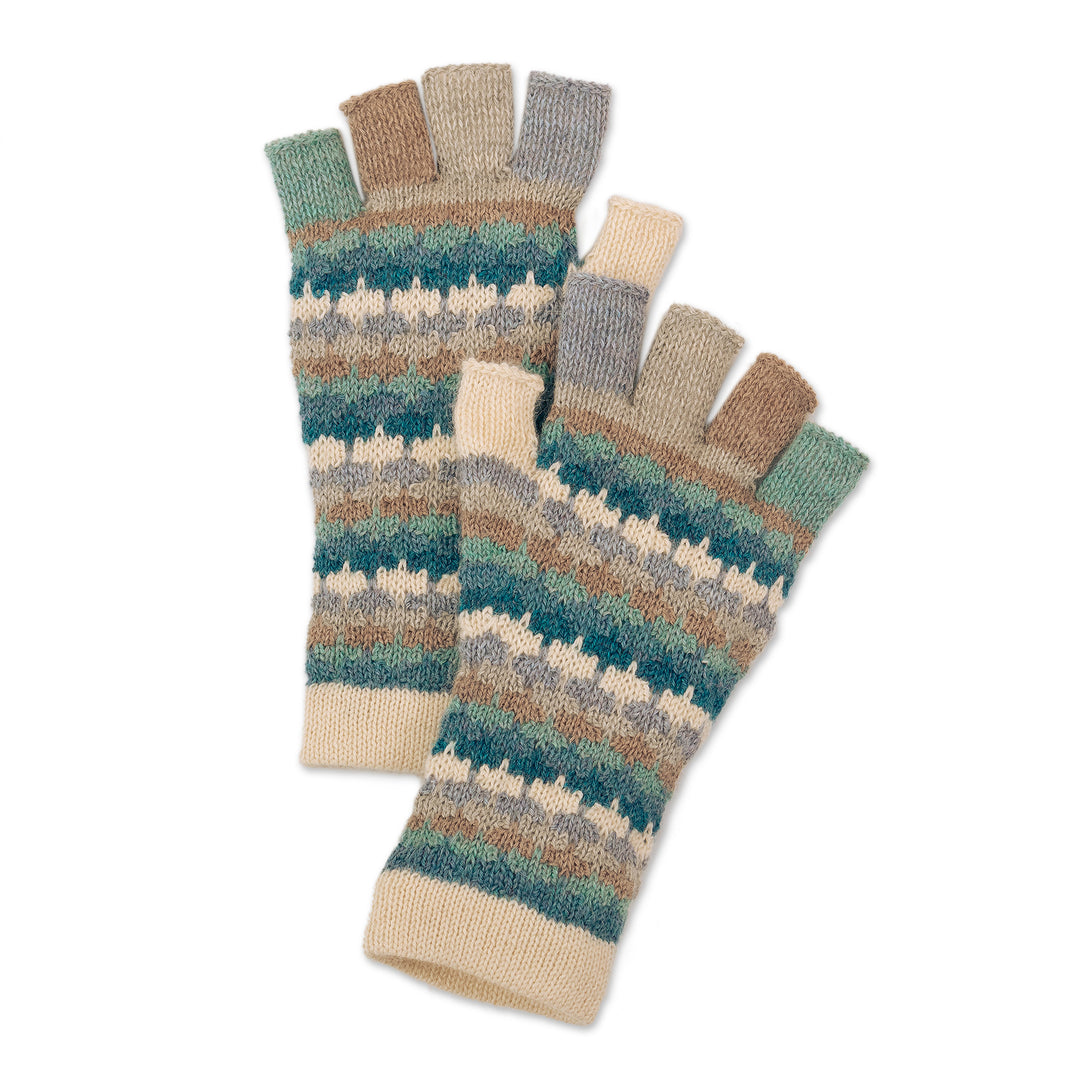 Knit Ivory Blue and Grey 100% Baby Alpaca Fingerless Gloves - Teal Colorful Life