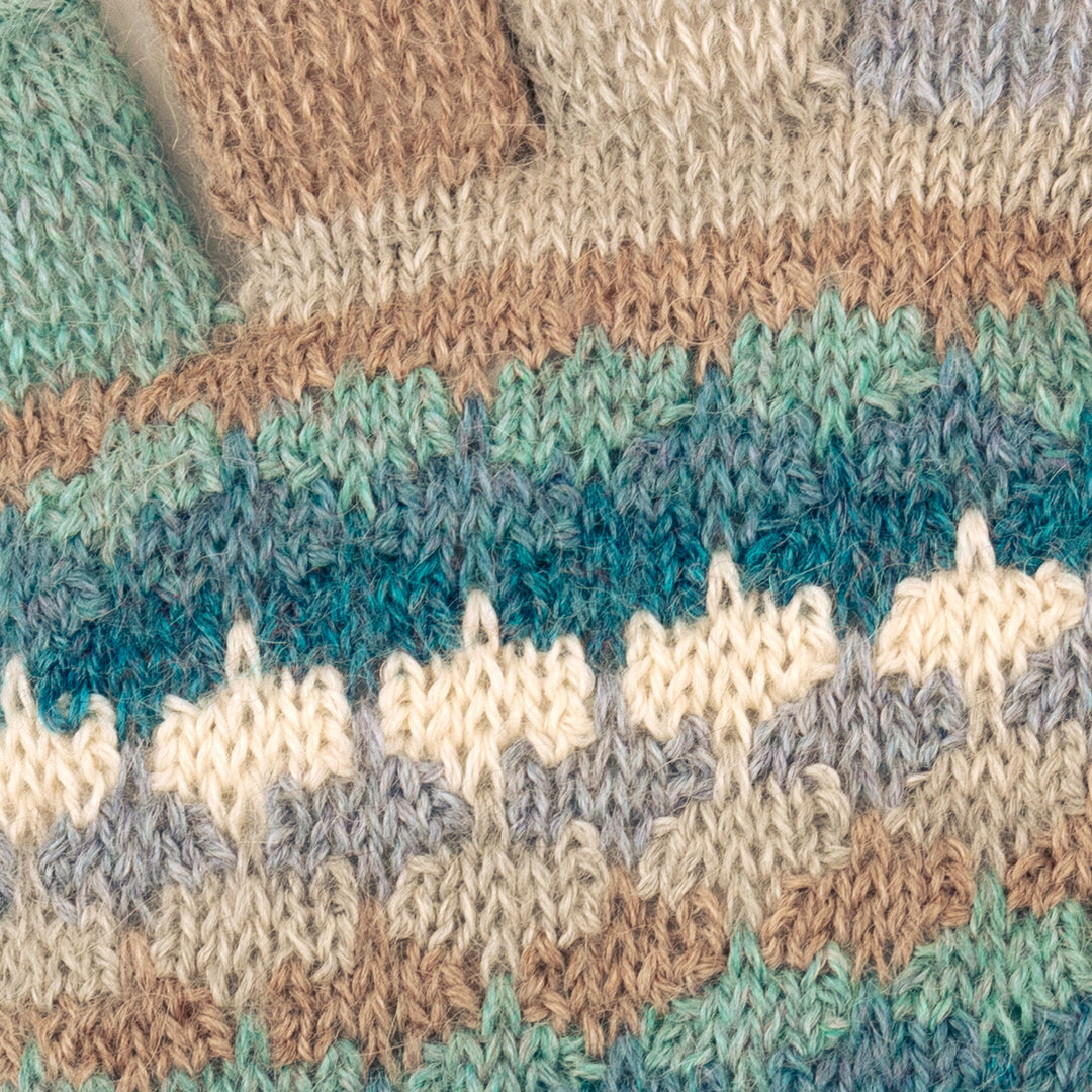 Knit Ivory Blue and Grey 100% Baby Alpaca Fingerless Gloves - Teal Colorful Life