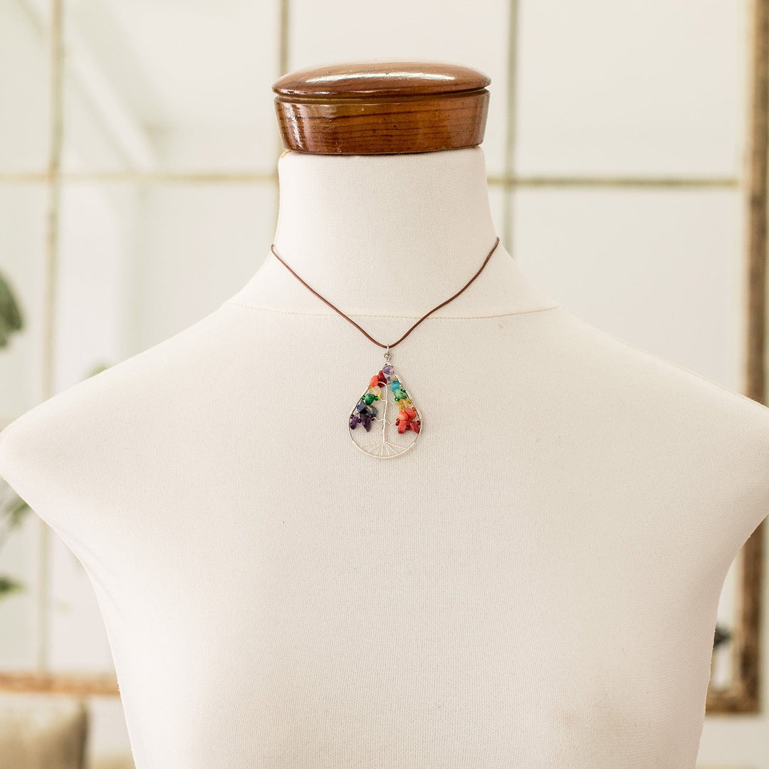 Drop-Shaped Colorful Multi-Gemstone Tree Pendant Necklace - Drop of Life in Rainbow