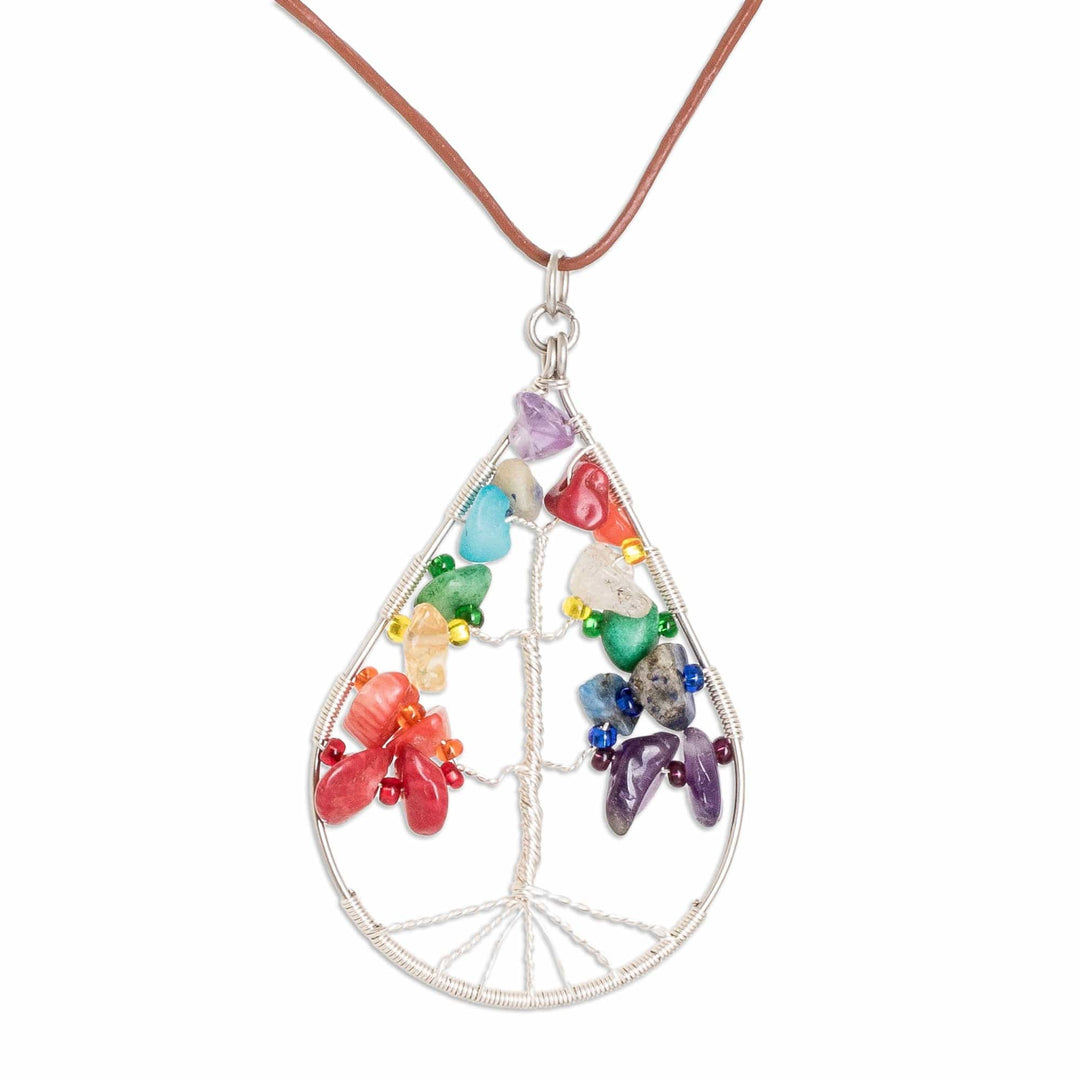 Drop-Shaped Colorful Multi-Gemstone Tree Pendant Necklace - Drop of Life in Rainbow