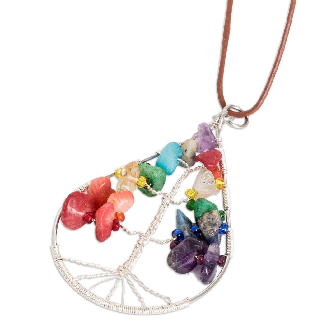 Drop-Shaped Colorful Multi-Gemstone Tree Pendant Necklace - Drop of Life in Rainbow