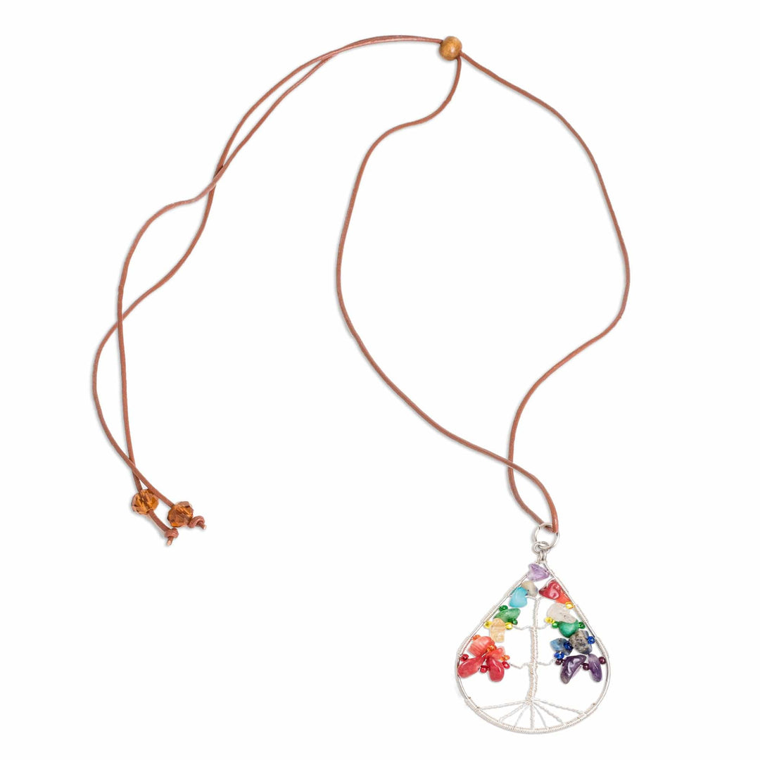 Drop-Shaped Colorful Multi-Gemstone Tree Pendant Necklace - Drop of Life in Rainbow