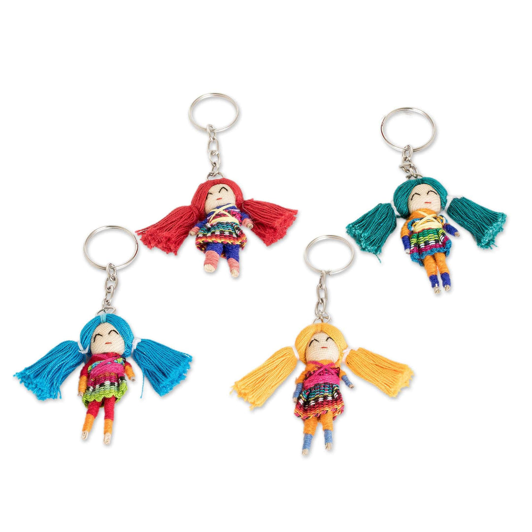 Set of Four Handmade Colorful Cotton Worry Doll Keychains - Mighty Friendship
