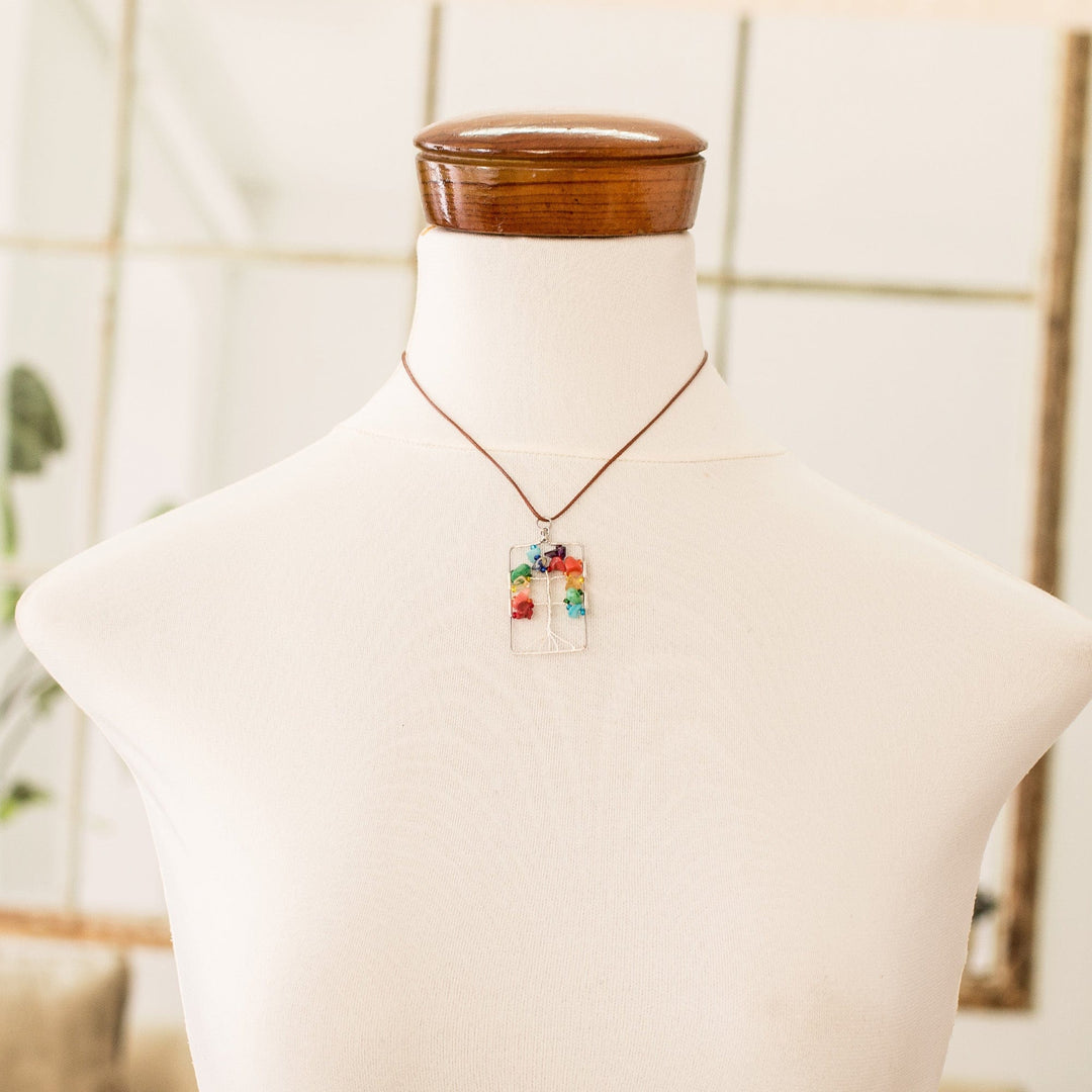 Rectangular Colorful Multi-Gemstone Tree Pendant Necklace - Sylvan Rainbow