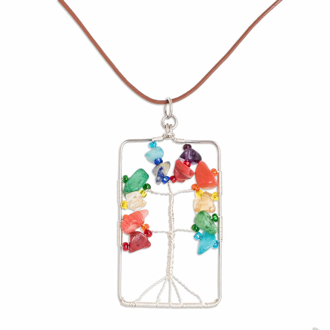 Rectangular Colorful Multi-Gemstone Tree Pendant Necklace - Sylvan Rainbow